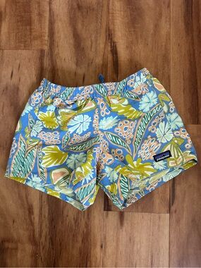 Patagonia Kids Floral Swim Trunks in Blue, Green & Peach